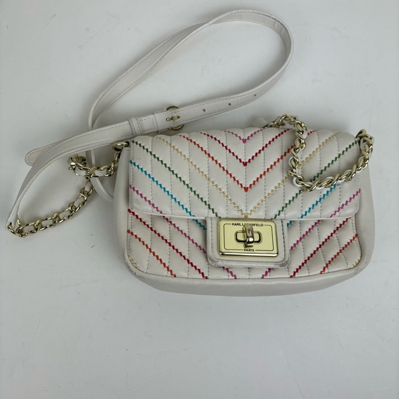 Karl Lagerfeld- Paris off-white leather bag /chain strap and mult-colored stitch - Picture 1 of 16